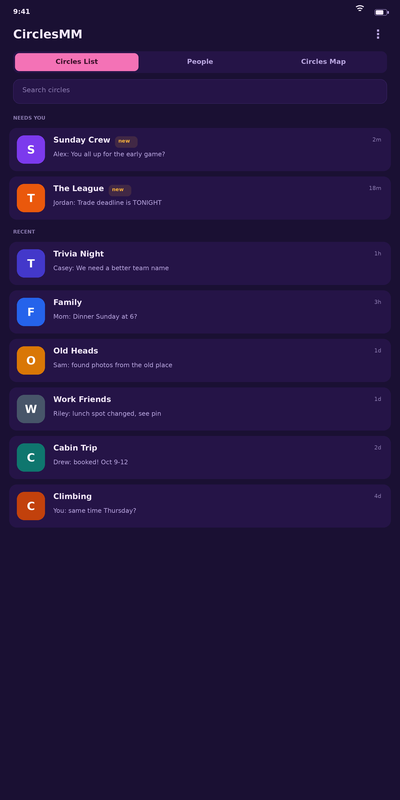 The CirclesMM circles list, showing a circle where someone shared photos