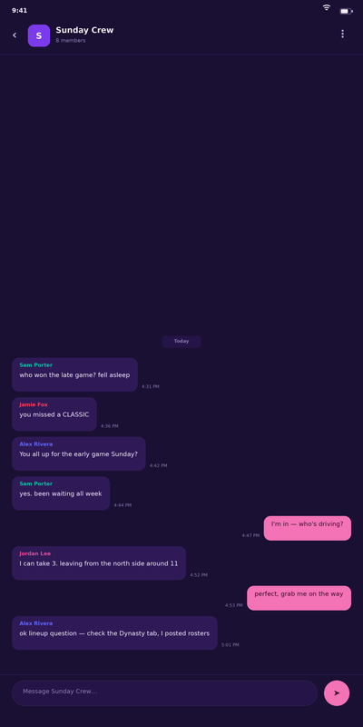 A CirclesMM group thread called Sunday Crew, mid-conversation