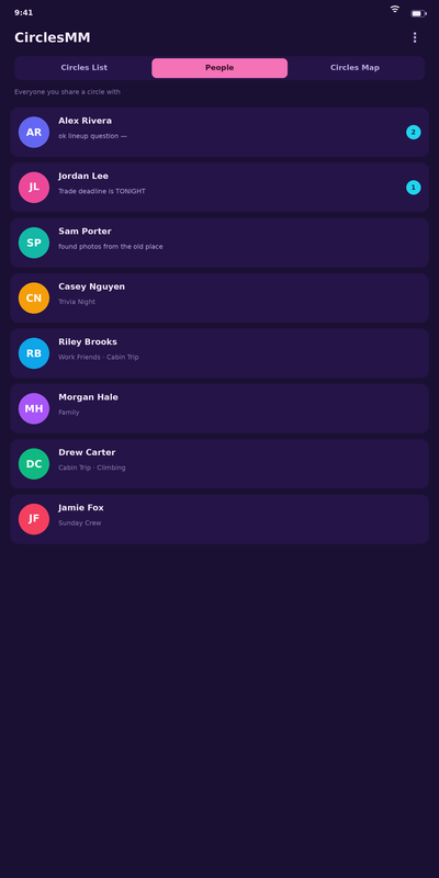 The People screen in CirclesMM, listing everyone you share a circle with