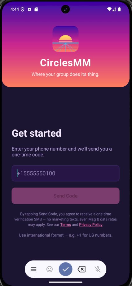 CirclesMM in-app sign-up screen showing the SMS consent notice beneath the Send Code button